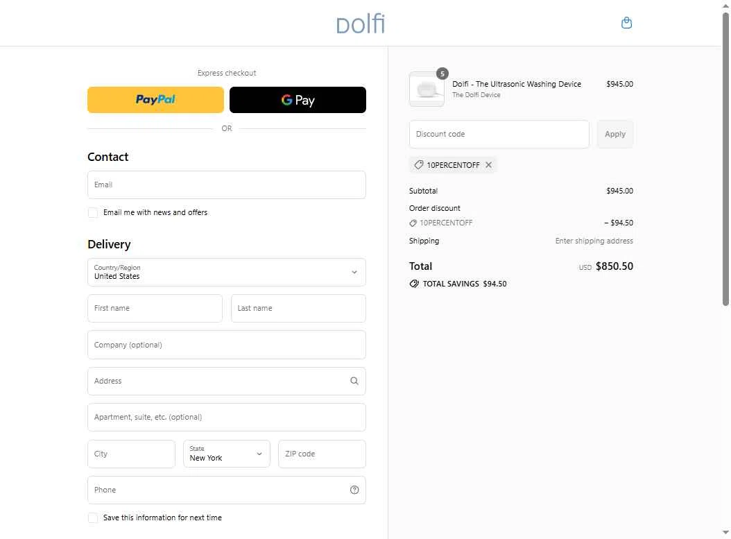 Dolfi checkout page showing Dolfi discount code box | Screenshot taken by SimplyCodes community member on Sep 16, 2025