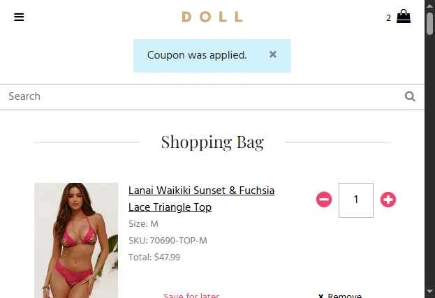 DOLL checkout page showing DOLL coupon code box | Screenshot taken by SimplyCodes community member on May 23, 2025