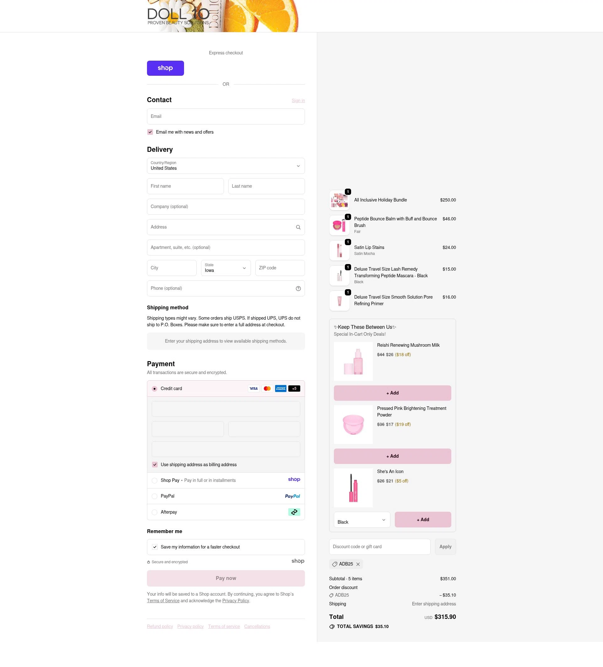 Doll 10 checkout page showing Doll 10 coupon code box | Screenshot taken by SimplyCodes community member on Jan 3, 2026