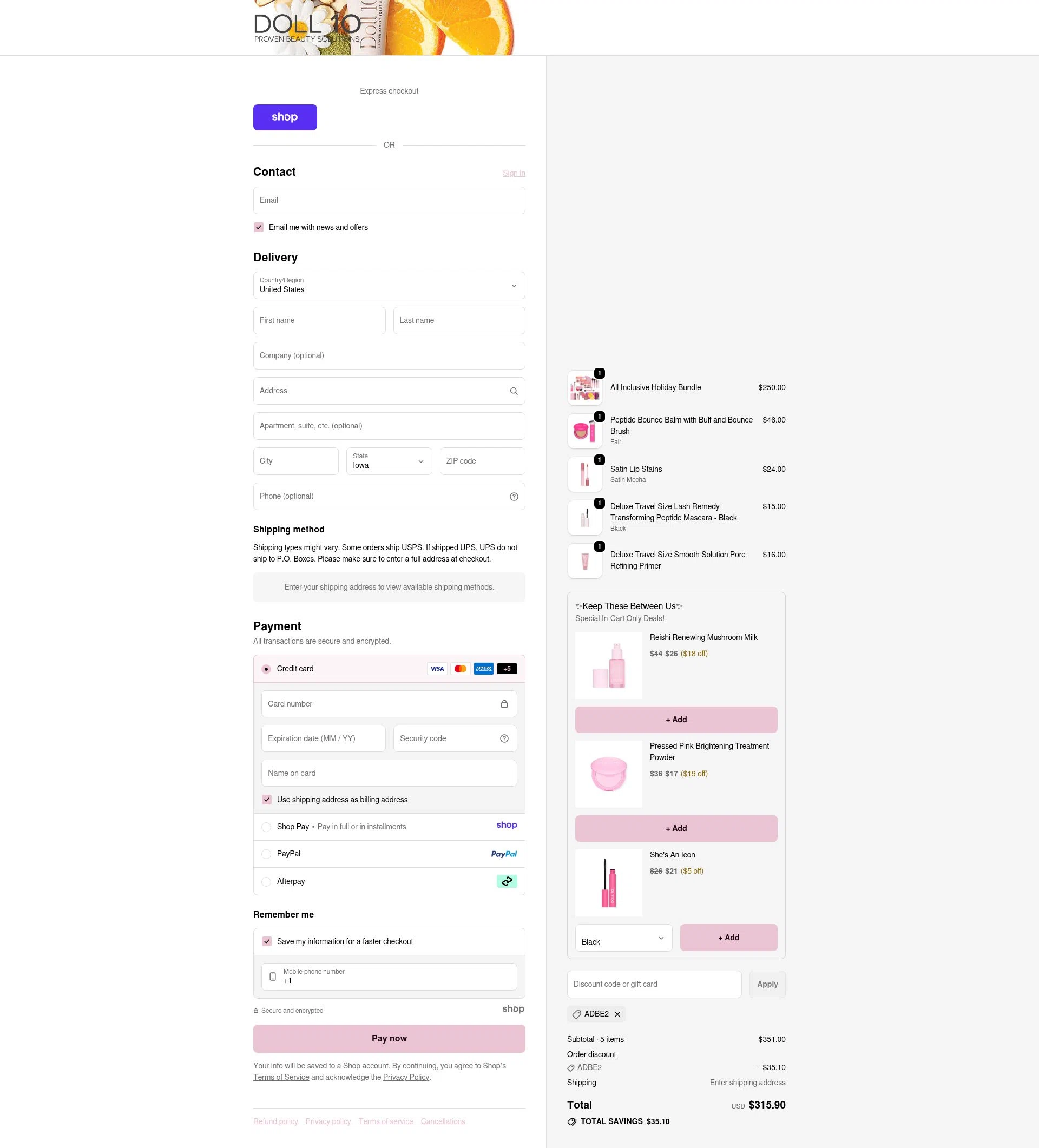 Doll 10 checkout page showing Doll 10 coupon code box | Screenshot taken by SimplyCodes community member on Jan 3, 2026