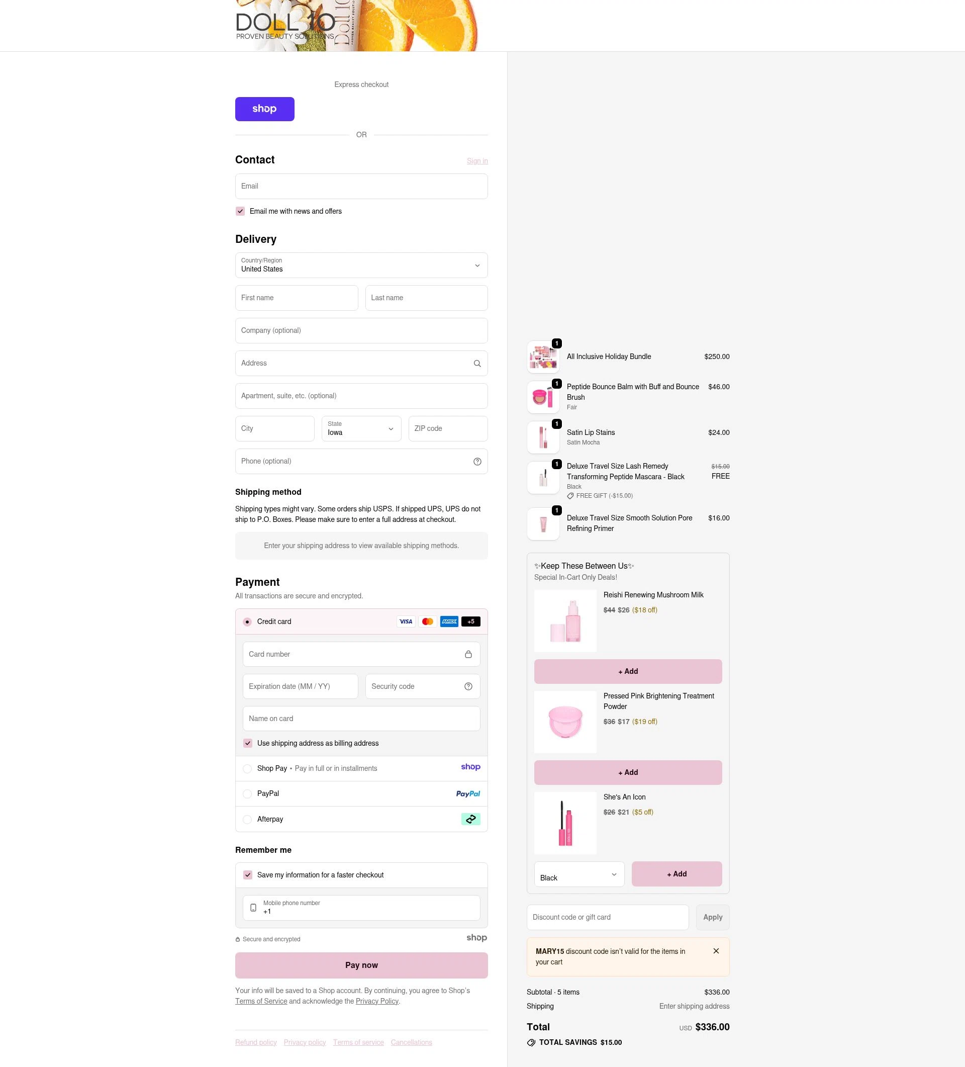 Doll 10 checkout page showing Doll 10 coupon code box | Screenshot taken by SimplyCodes community member on Jan 3, 2026