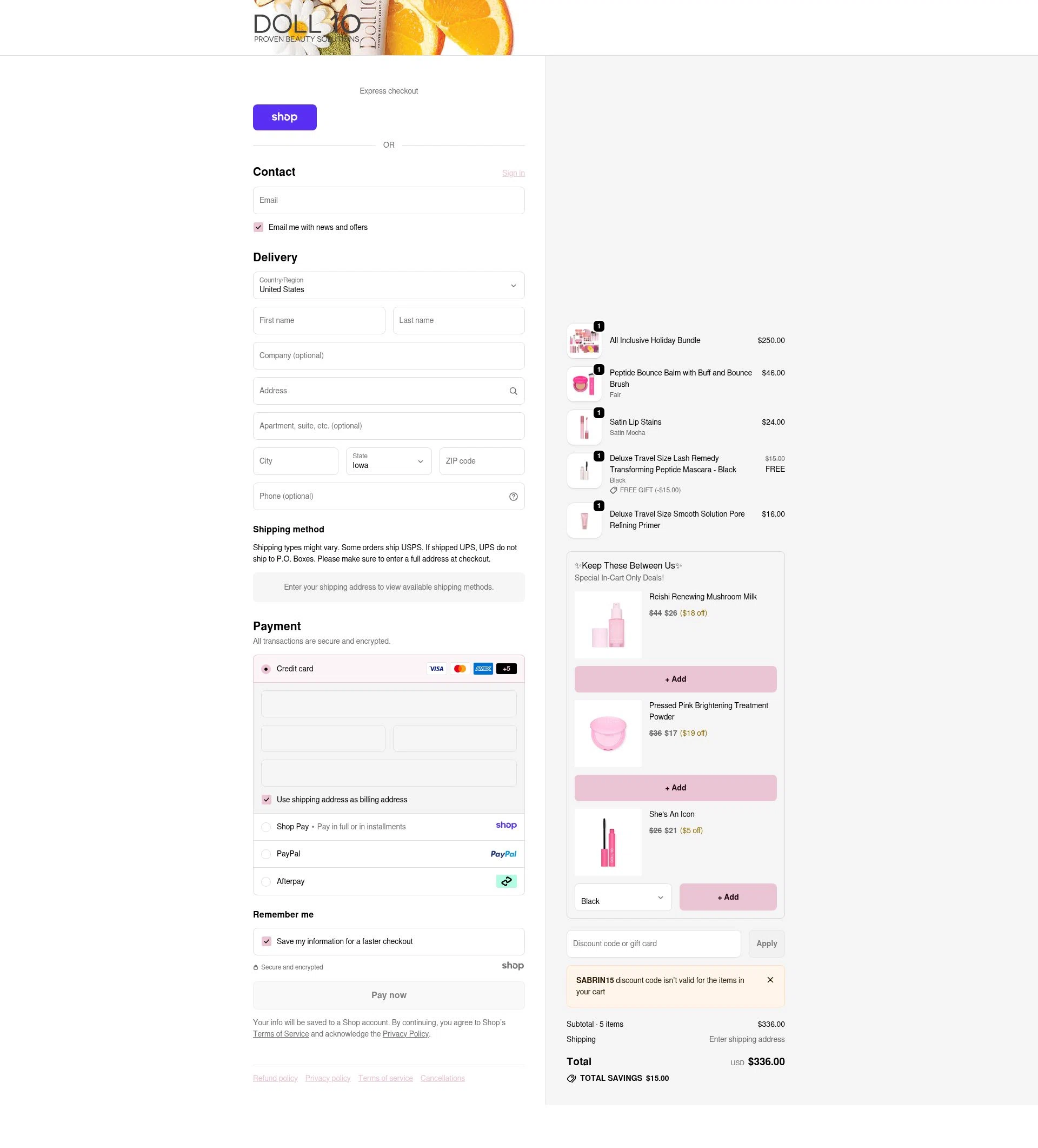 Doll 10 checkout page showing Doll 10 coupon code box | Screenshot taken by SimplyCodes community member on Jan 3, 2026