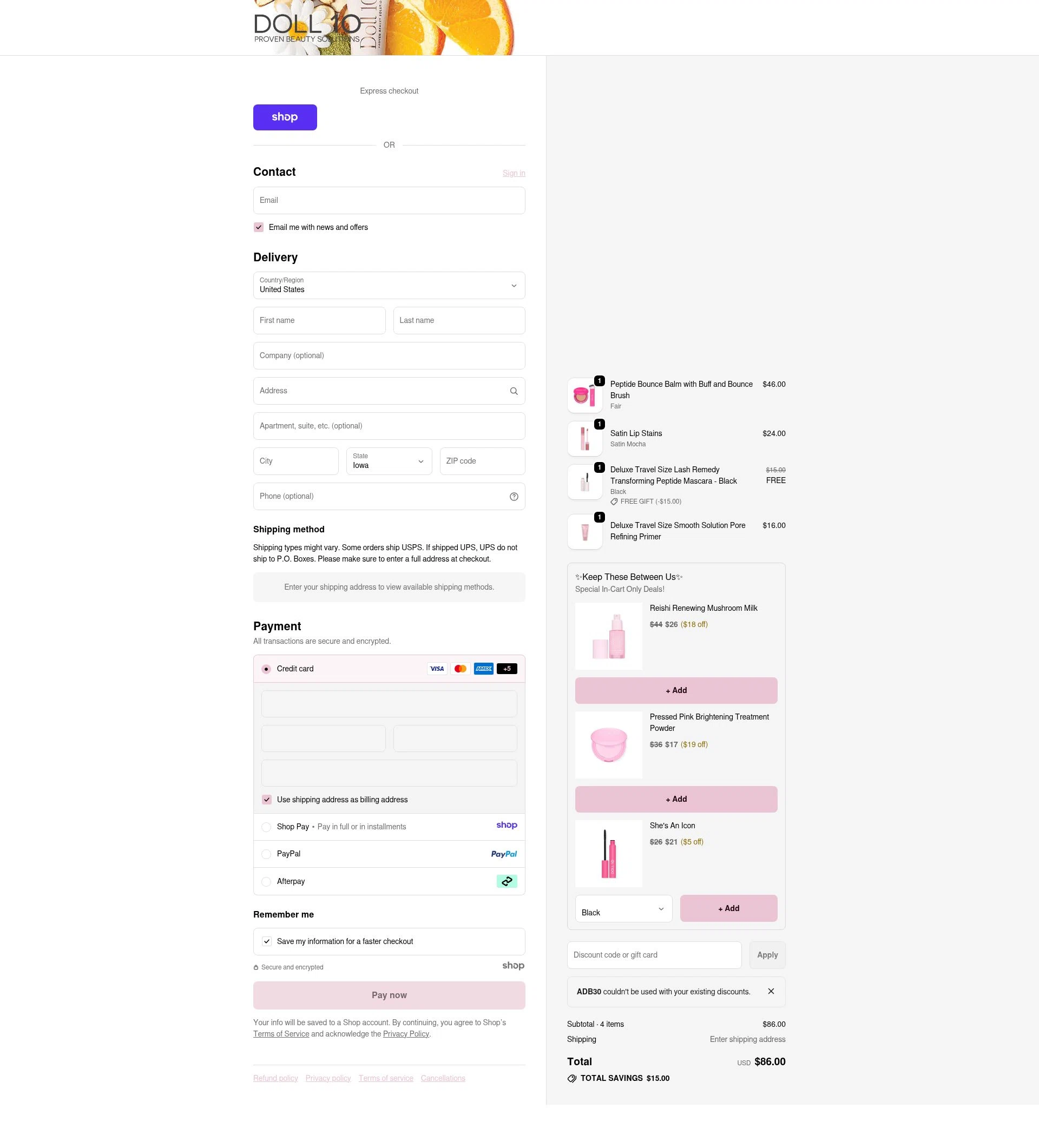 Doll 10 checkout page showing Doll 10 coupon code box | Screenshot taken by SimplyCodes community member on Dec 29, 2025