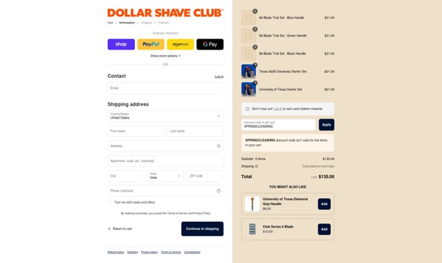 Dollar Shave Club checkout page showing Dollar Shave Club discount code box | Screenshot taken by SimplyCodes community member on Sep 2, 2025
