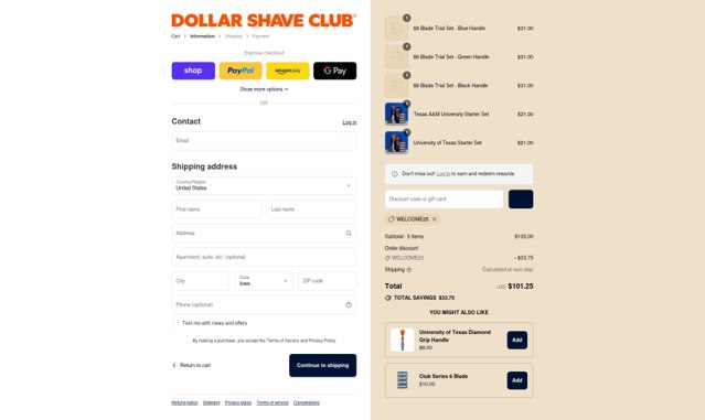 Dollar Shave Club checkout page showing Dollar Shave Club discount code box | Screenshot taken by SimplyCodes community member on Sep 2, 2025
