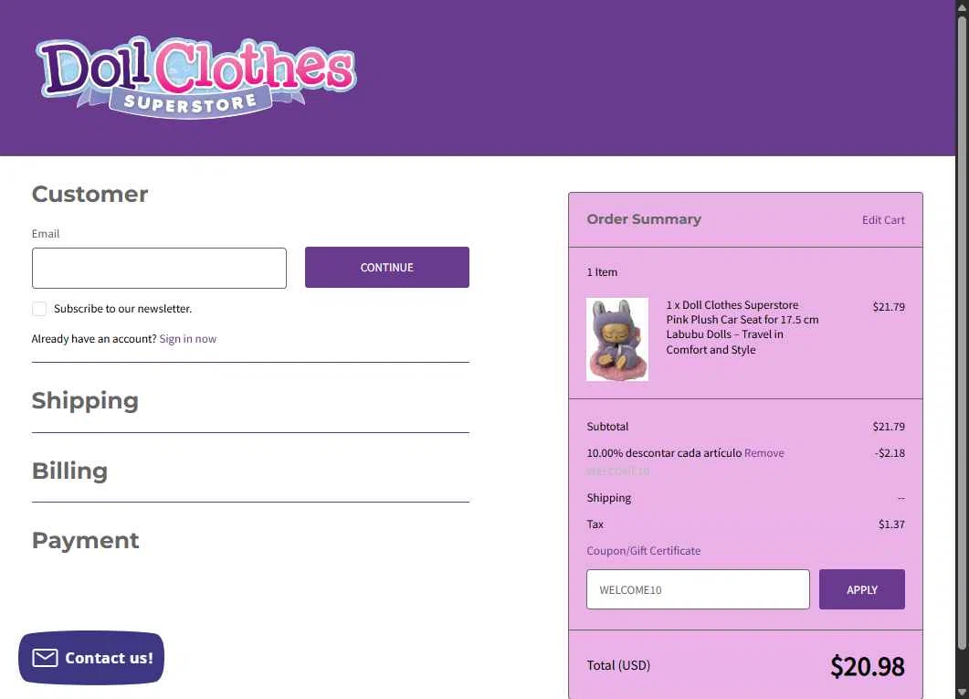 Doll Clothes Superstore checkout page showing Doll Clothes Superstore promo code box | Screenshot taken by SimplyCodes community member on Dec 7, 2025