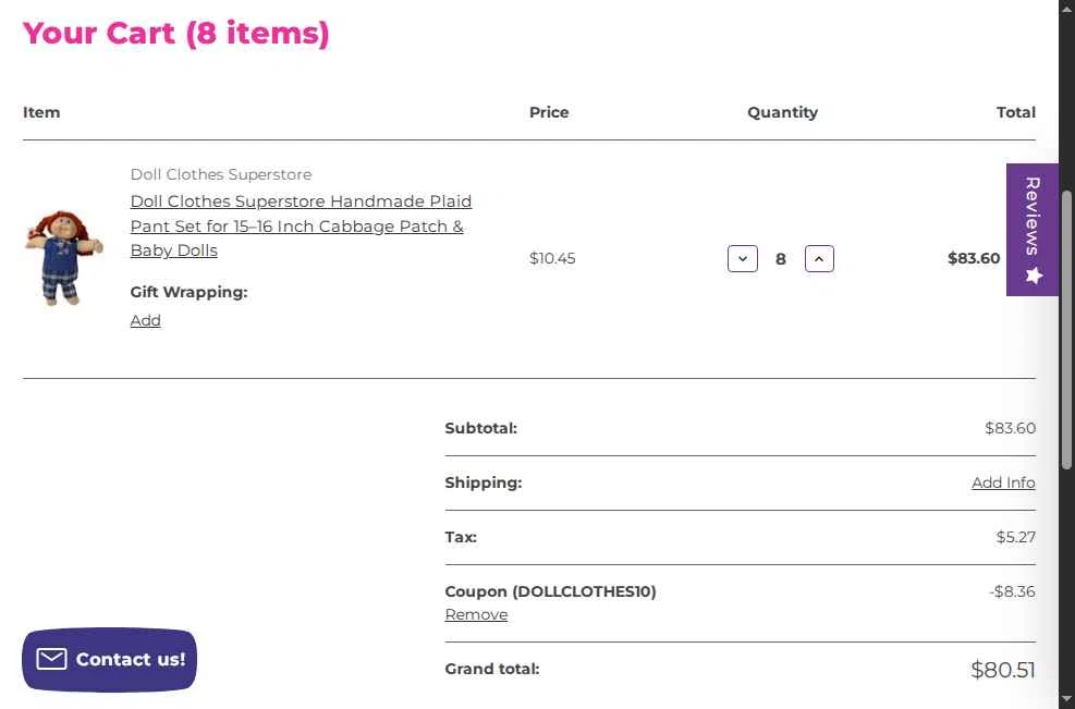 Doll Clothes Superstore checkout page showing Doll Clothes Superstore promo code box | Screenshot taken by SimplyCodes community member on May 7, 2025