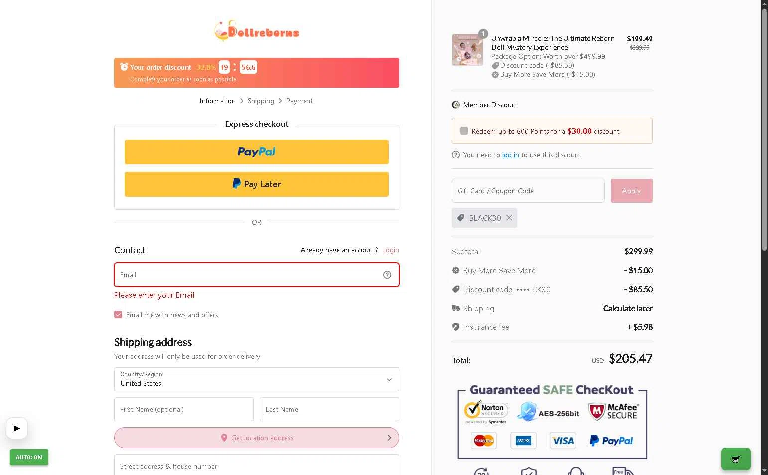 Dollreborns checkout page showing Dollreborns promo code box | Screenshot taken by SimplyCodes community member on Jan 2, 2026