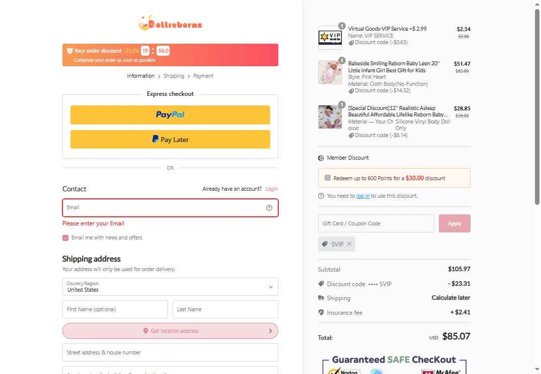 Dollreborns checkout page showing Dollreborns promo code box | Screenshot taken by SimplyCodes community member on Jan 4, 2026