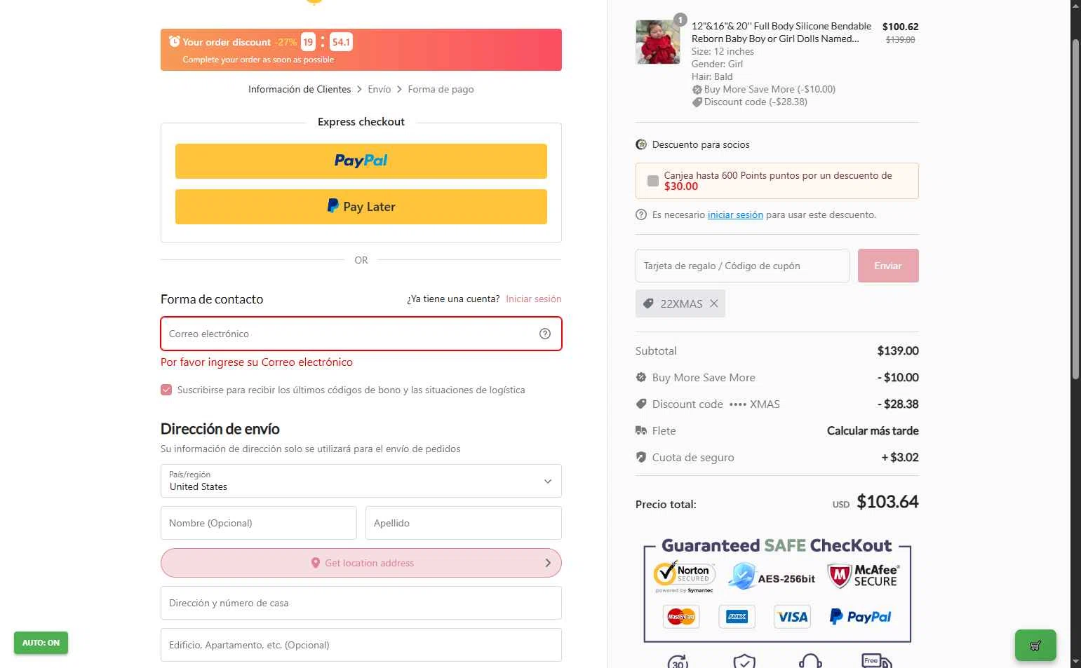 Dollreborns checkout page showing Dollreborns promo code box | Screenshot taken by SimplyCodes community member on Jan 2, 2026