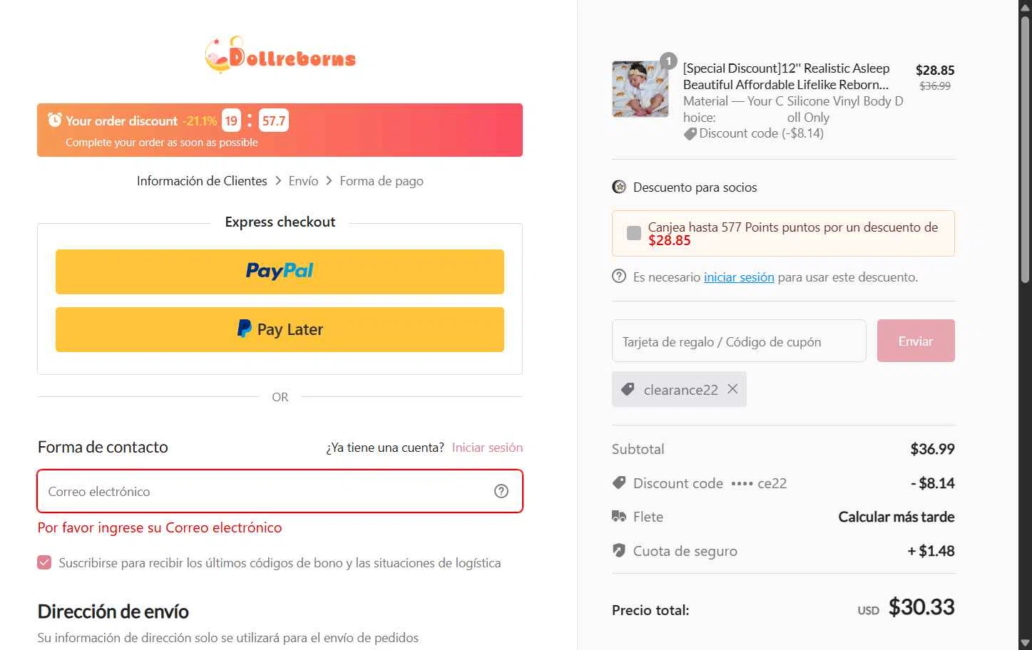 Dollreborns checkout page showing Dollreborns promo code box | Screenshot taken by SimplyCodes community member on Dec 25, 2025
