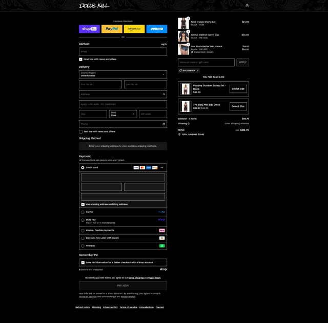 Dolls Kill checkout page showing Dolls Kill discount code box | Screenshot taken by SimplyCodes community member on Aug 27, 2025