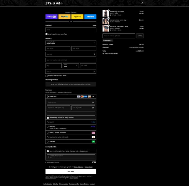 Dolls Kill checkout page showing Dolls Kill discount code box | Screenshot taken by SimplyCodes community member on Aug 17, 2025