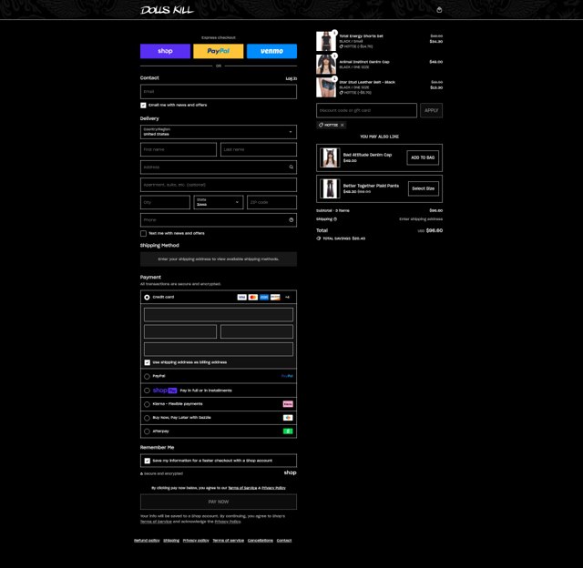 Dolls Kill checkout page showing Dolls Kill discount code box | Screenshot taken by SimplyCodes community member on Aug 13, 2025