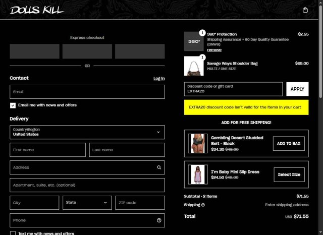 Dolls Kill checkout page showing Dolls Kill discount code box | Screenshot taken by SimplyCodes community member on Aug 2, 2025