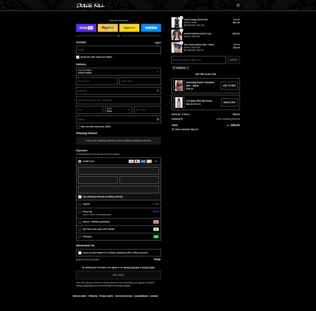Dolls Kill checkout page showing Dolls Kill discount code box | Screenshot taken by SimplyCodes community member on Aug 22, 2025