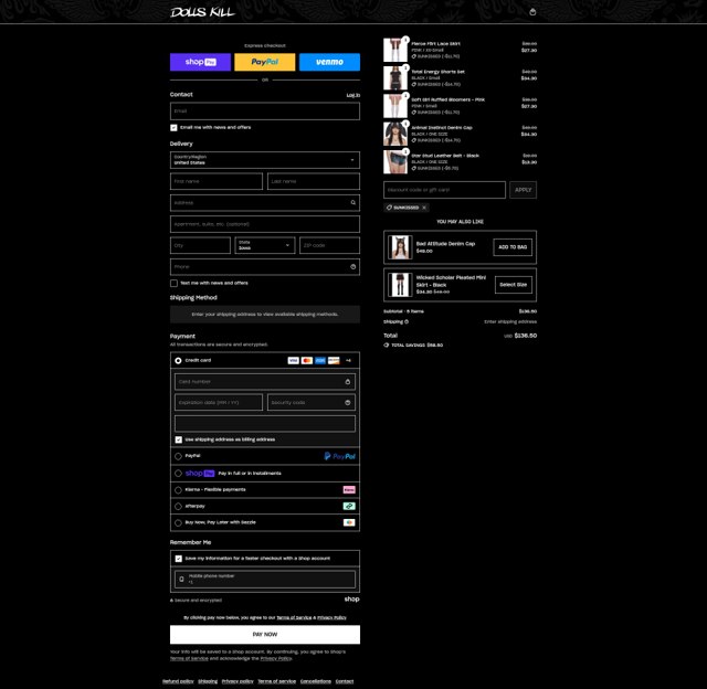 Dolls Kill checkout page showing Dolls Kill discount code box | Screenshot taken by SimplyCodes community member on Jul 30, 2025