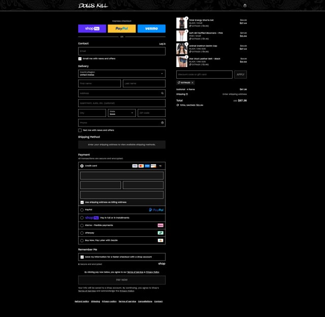Dolls Kill checkout page showing Dolls Kill discount code box | Screenshot taken by SimplyCodes community member on Aug 3, 2025