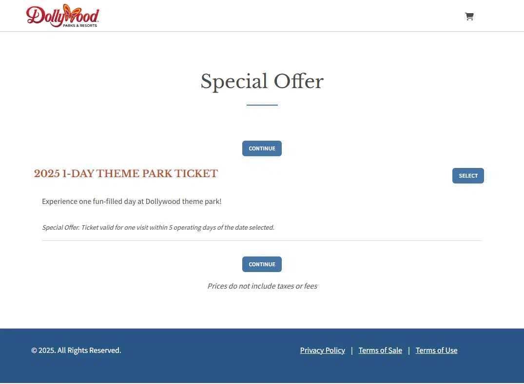 Dollywood Parks & Resorts checkout page showing Dollywood Parks & Resorts promo code box | Screenshot taken by SimplyCodes community member on Dec 30, 2025