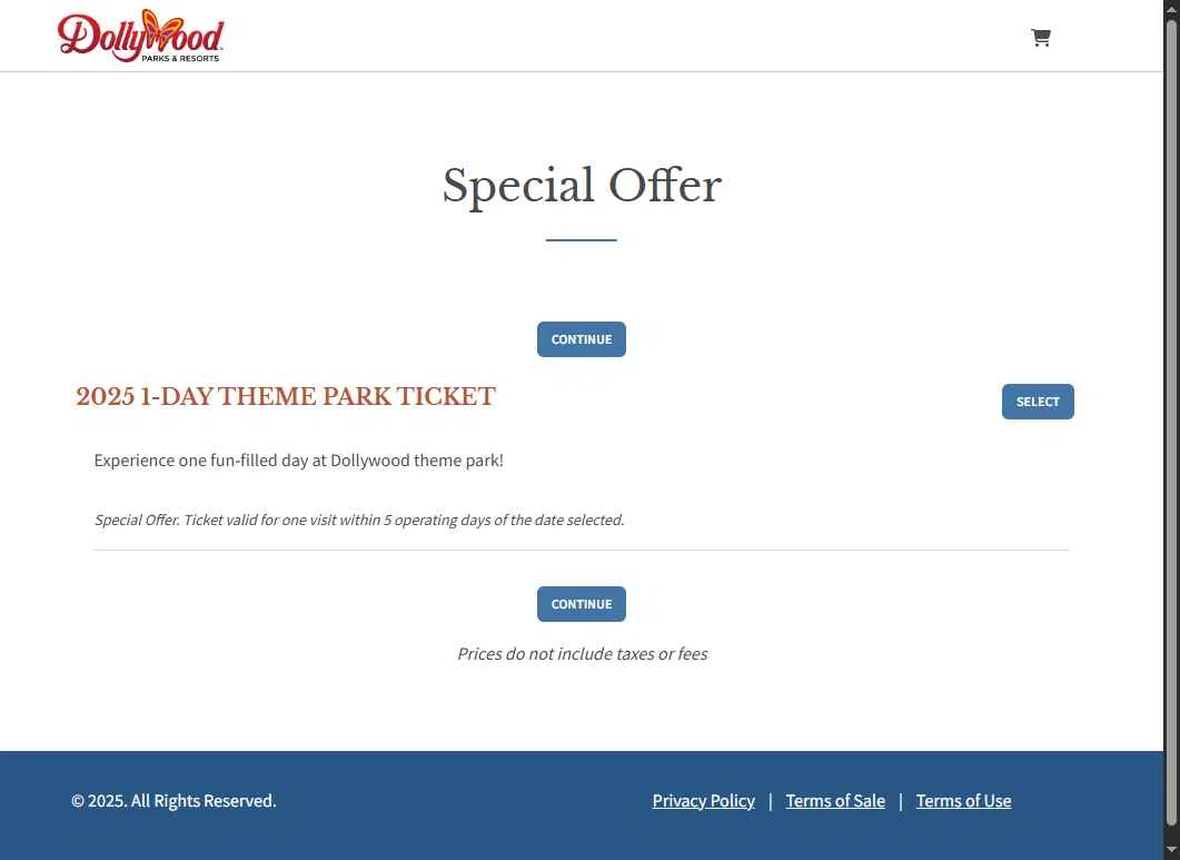 Dollywood Parks & Resorts checkout page showing Dollywood Parks & Resorts promo code box | Screenshot taken by SimplyCodes community member on Nov 22, 2025