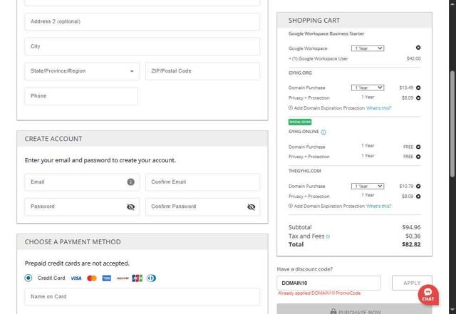 Domain.com checkout page showing Domain.com promo code box | Screenshot taken by SimplyCodes community member on Aug 22, 2025