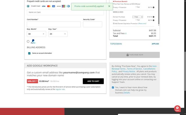 Domain.com checkout page showing Domain.com promo code box | Screenshot taken by SimplyCodes community member on Aug 17, 2025