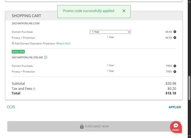 Domain.com checkout page showing Domain.com promo code box | Screenshot taken by SimplyCodes community member on Aug 6, 2025