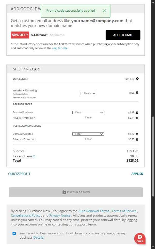 Domain.com checkout page showing Domain.com promo code box | Screenshot taken by SimplyCodes community member on Aug 13, 2025
