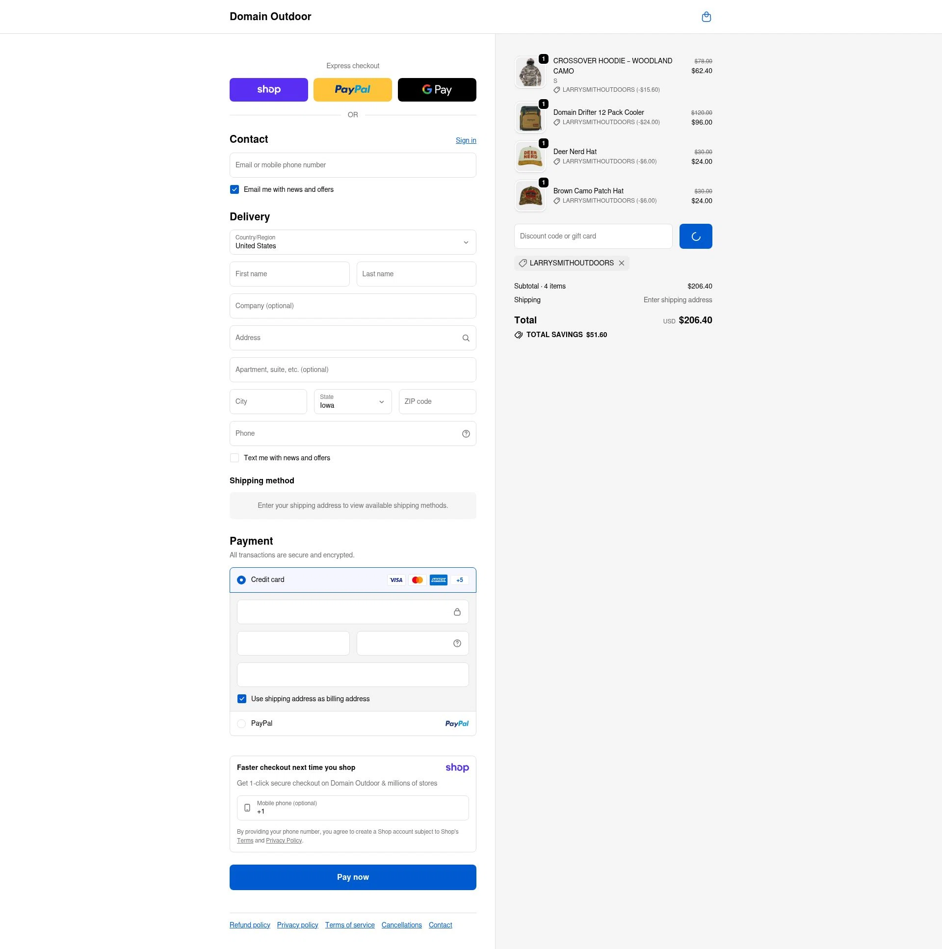 Domain Outdoor checkout page showing Domain Outdoor promo code box | Screenshot taken by SimplyCodes community member on Jan 13, 2026