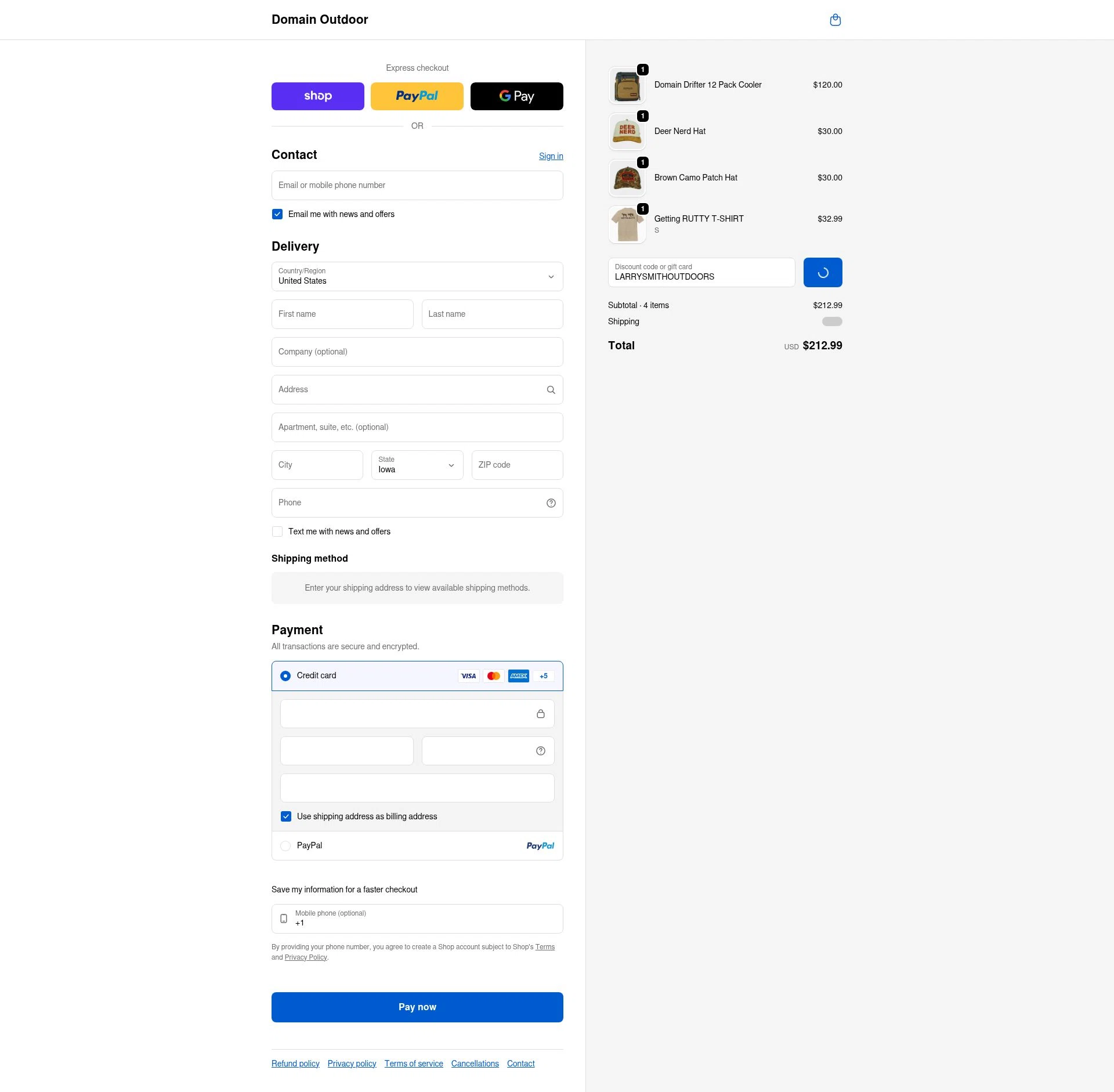 Domain Outdoor checkout page showing Domain Outdoor promo code box | Screenshot taken by SimplyCodes community member on Feb 5, 2026