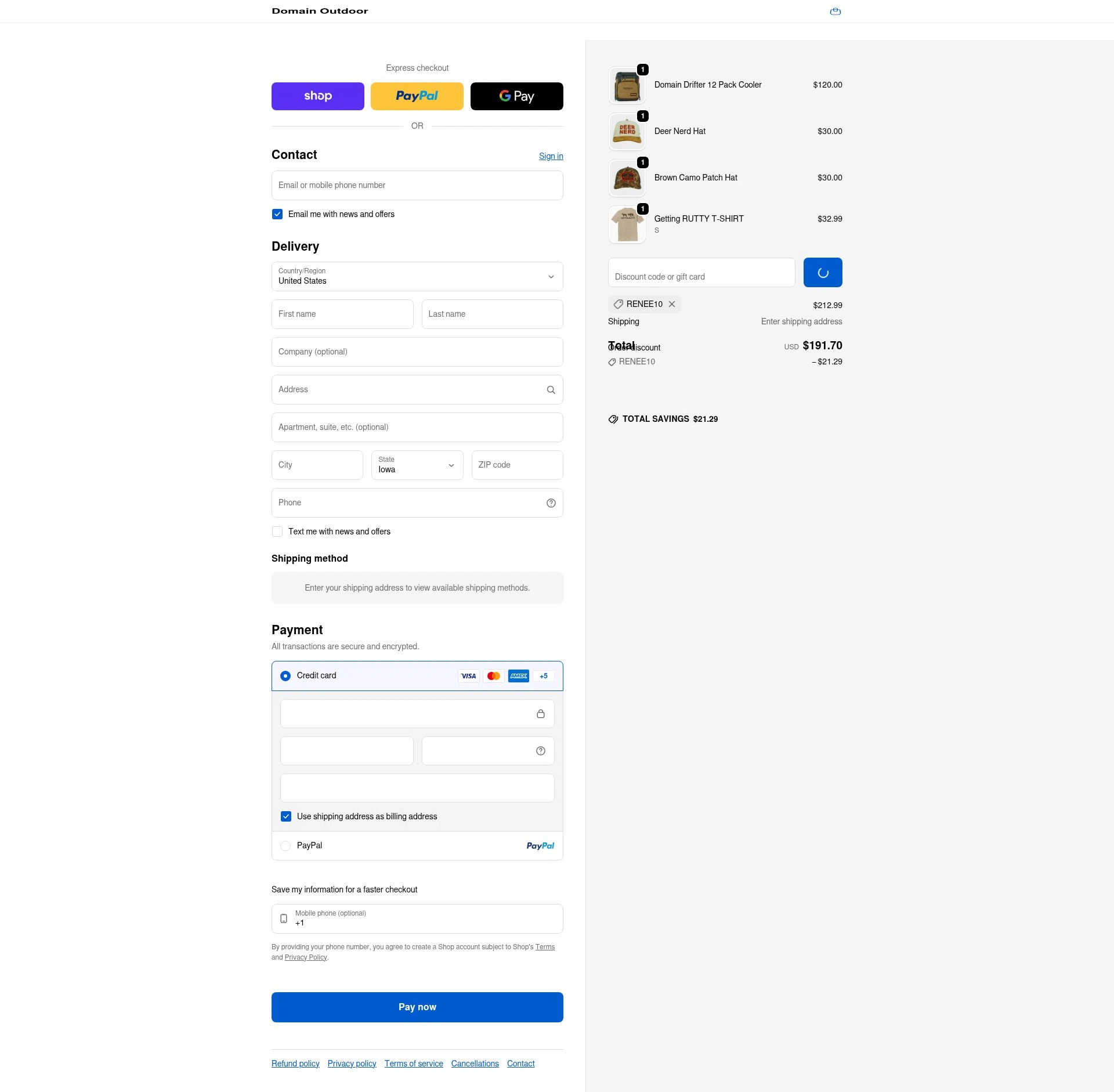 Domain Outdoor checkout page showing Domain Outdoor promo code box | Screenshot taken by SimplyCodes community member on Feb 5, 2026