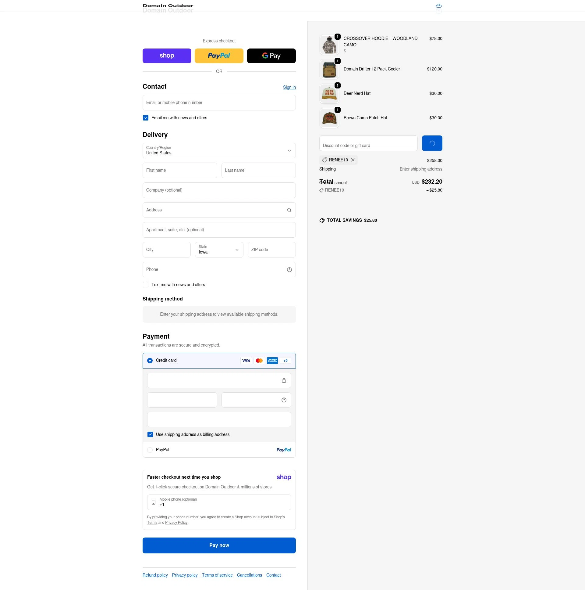 Domain Outdoor checkout page showing Domain Outdoor promo code box | Screenshot taken by SimplyCodes community member on Jan 13, 2026