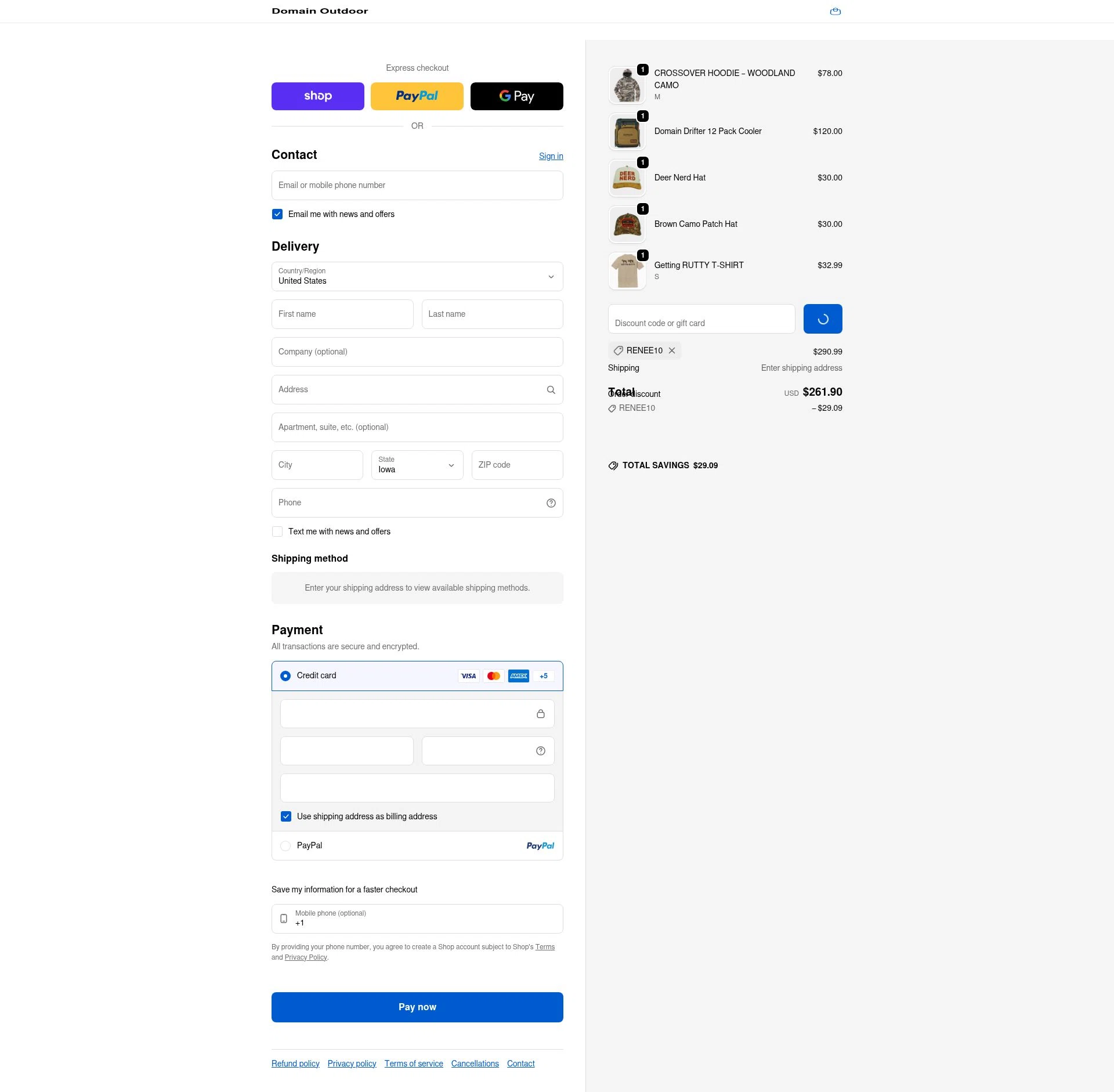 Domain Outdoor checkout page showing Domain Outdoor promo code box | Screenshot taken by SimplyCodes community member on Feb 1, 2026