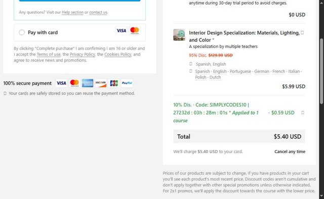 Domestika checkout page showing Domestika discount code box | Screenshot taken by SimplyCodes community member on Jul 21, 2025