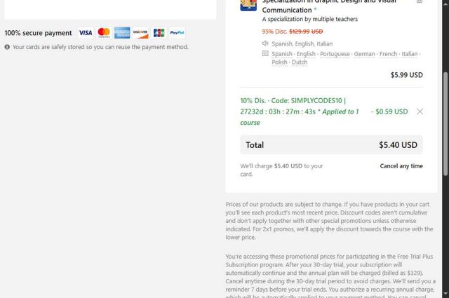 Domestika checkout page showing Domestika discount code box | Screenshot taken by SimplyCodes community member on Jul 21, 2025
