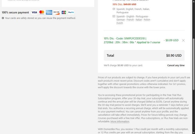 Domestika checkout page showing Domestika discount code box | Screenshot taken by SimplyCodes community member on Aug 15, 2025