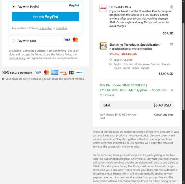 Domestika checkout page showing Domestika discount code box | Screenshot taken by SimplyCodes community member on Aug 31, 2025