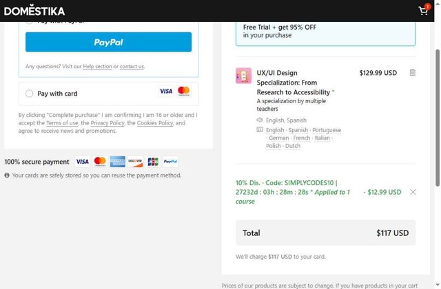 Domestika checkout page showing Domestika discount code box | Screenshot taken by SimplyCodes community member on Jul 21, 2025