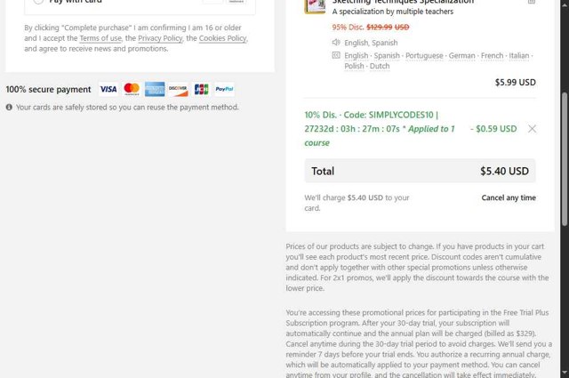 Domestika checkout page showing Domestika discount code box | Screenshot taken by SimplyCodes community member on Jul 21, 2025