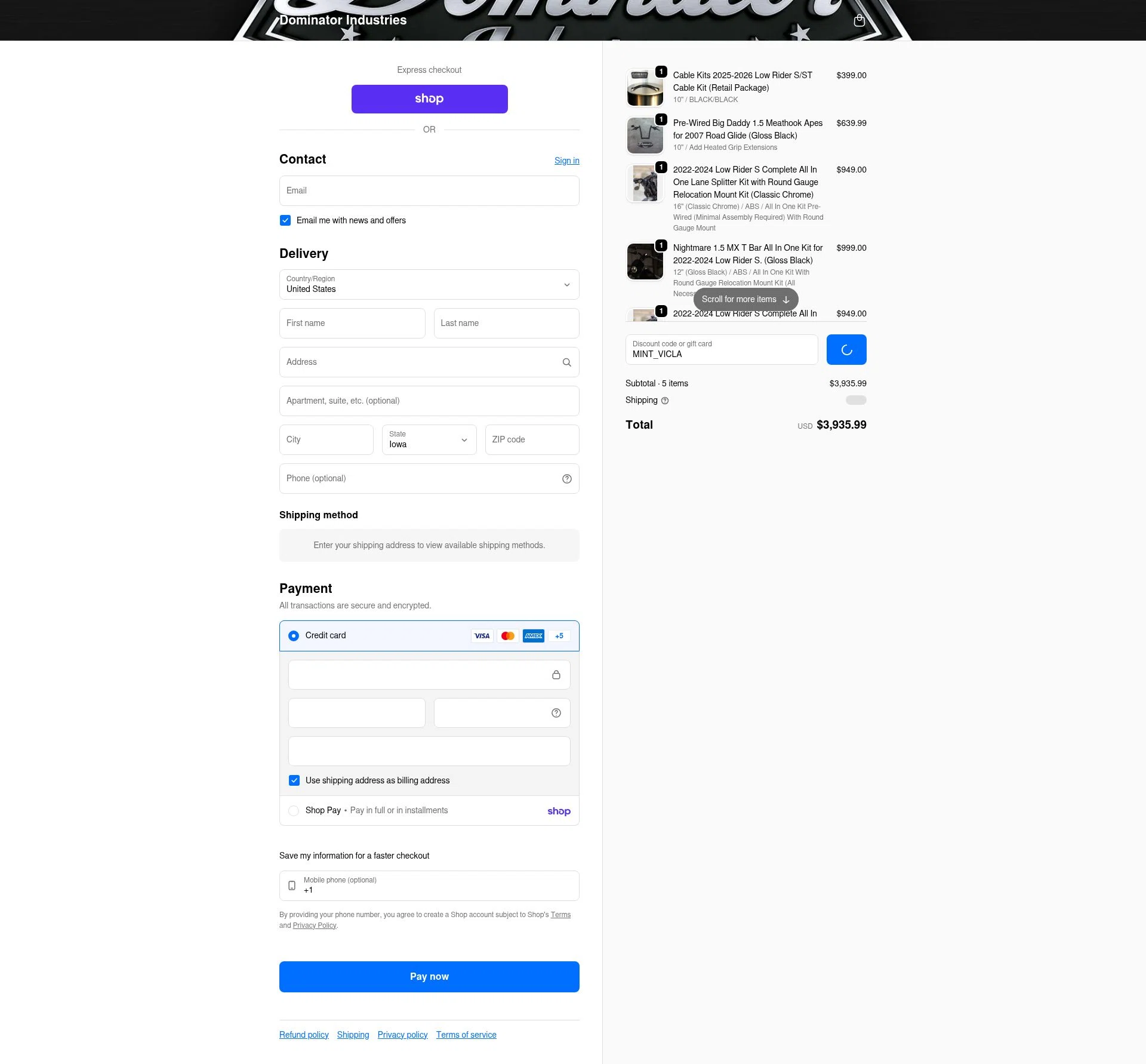 Dominator Cycles checkout page showing Dominator Cycles discount code box | Screenshot taken by SimplyCodes community member on Feb 9, 2026