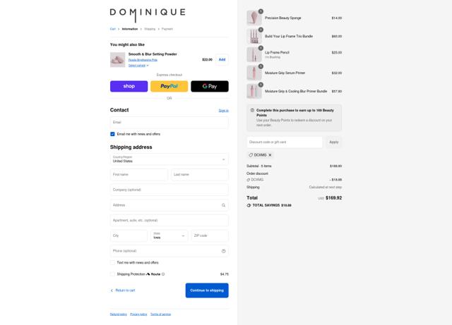 Dominique Cosmetics checkout page showing Dominique Cosmetics discount code box | Screenshot taken by SimplyCodes community member on Sep 13, 2025