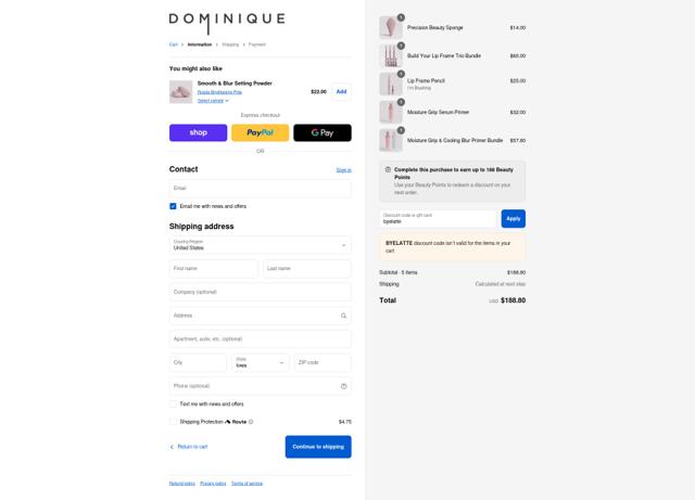 Dominique Cosmetics checkout page showing Dominique Cosmetics discount code box | Screenshot taken by SimplyCodes community member on Sep 13, 2025