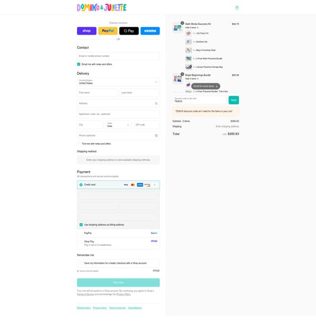 Domino & Juliette checkout page showing Domino & Juliette promo code box | Screenshot taken by SimplyCodes community member on Sep 4, 2025