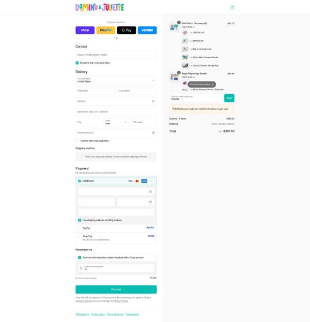 Domino & Juliette checkout page showing Domino & Juliette promo code box | Screenshot taken by SimplyCodes community member on Sep 17, 2025