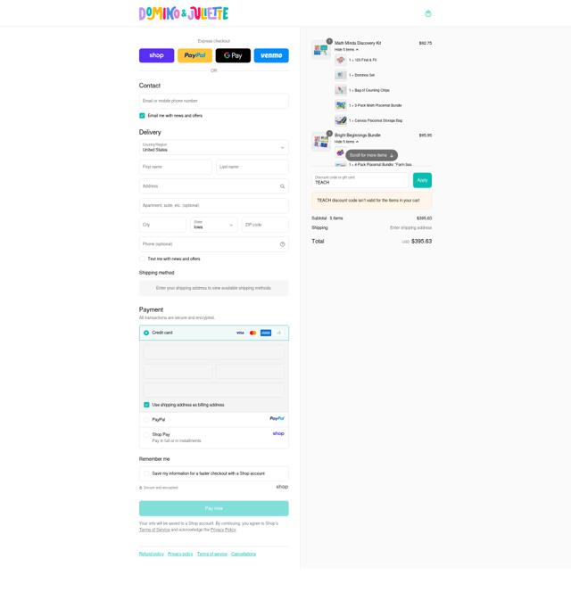 Domino & Juliette checkout page showing Domino & Juliette promo code box | Screenshot taken by SimplyCodes community member on Sep 13, 2025
