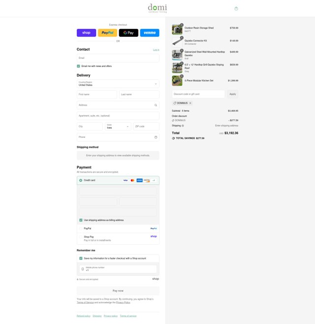 Domi Outdoor Living checkout page showing Domi Outdoor Living discount code box | Screenshot taken by SimplyCodes community member on Aug 31, 2025