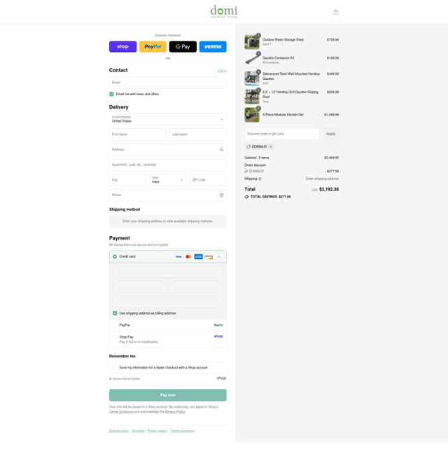 Domi Outdoor Living checkout page showing Domi Outdoor Living discount code box | Screenshot taken by SimplyCodes community member on Sep 4, 2025