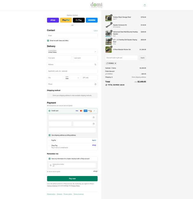 Domi Outdoor Living checkout page showing Domi Outdoor Living discount code box | Screenshot taken by SimplyCodes community member on Sep 4, 2025