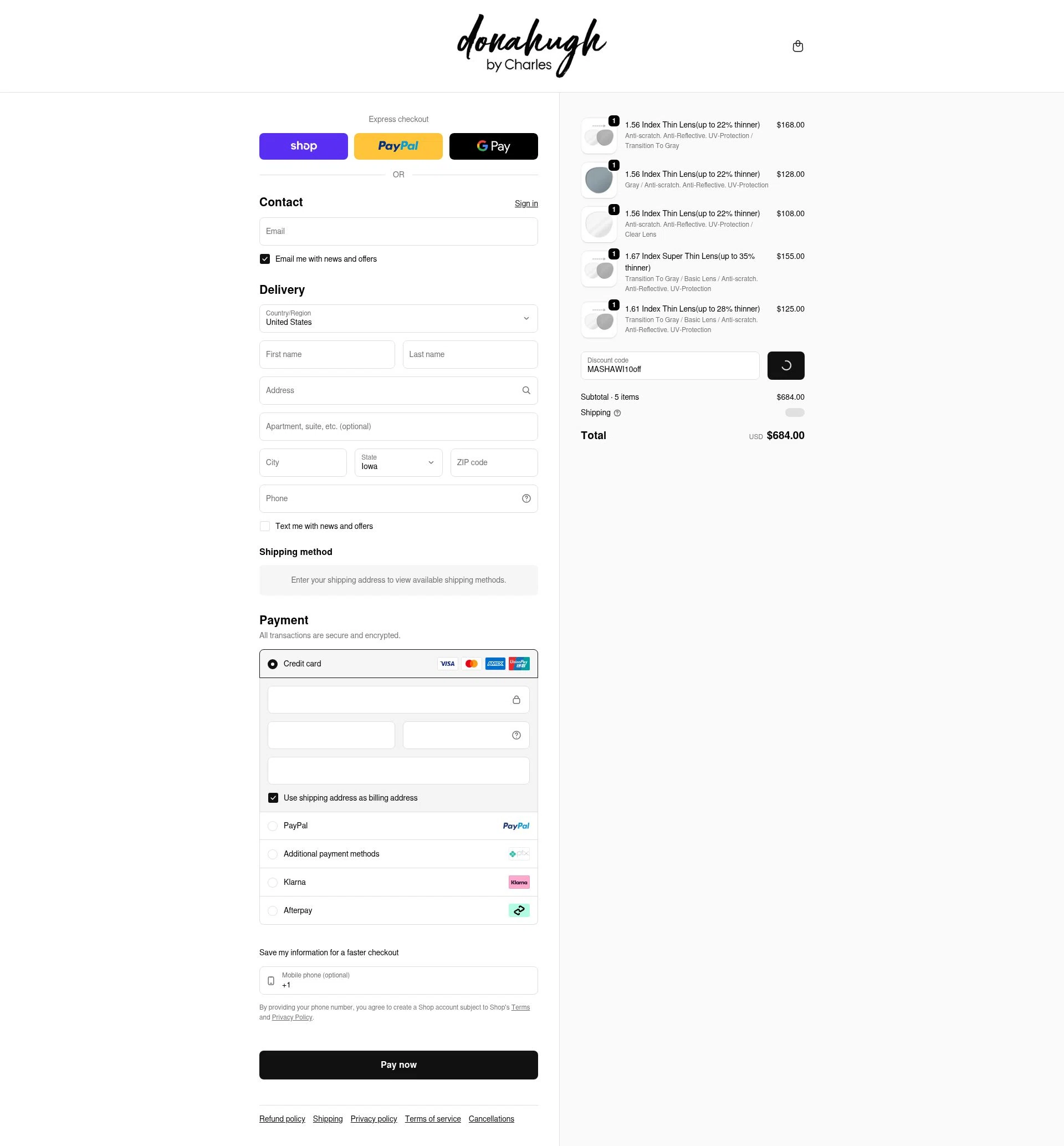 Donahugh Eyewear checkout page showing Donahugh Eyewear promo code box | Screenshot taken by SimplyCodes community member on Feb 2, 2026