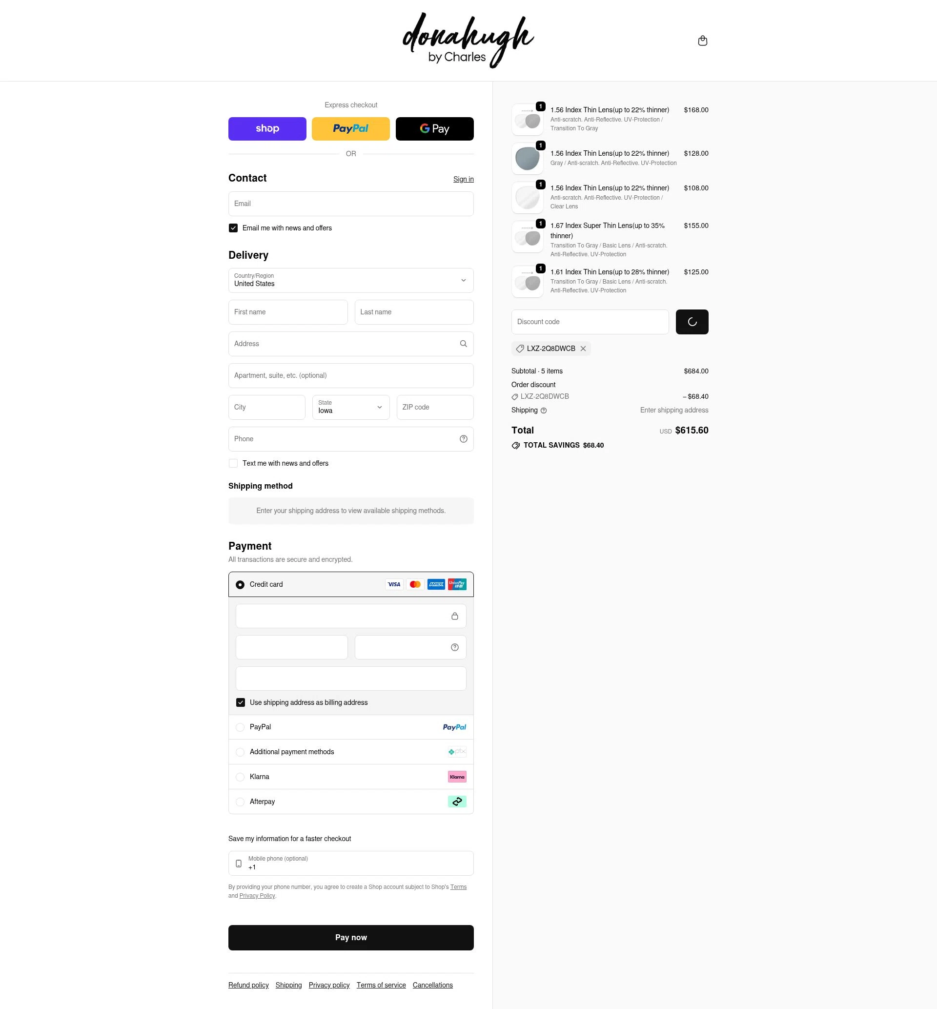 Donahugh Eyewear checkout page showing Donahugh Eyewear promo code box | Screenshot taken by SimplyCodes community member on Feb 2, 2026